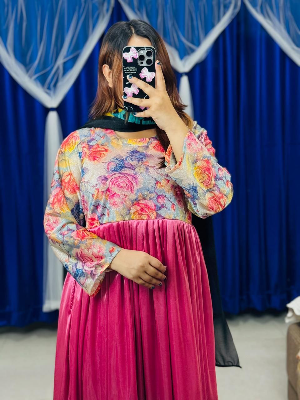 Two Piece Gown Set – Digital Floral Printed Georgette (Free Size)