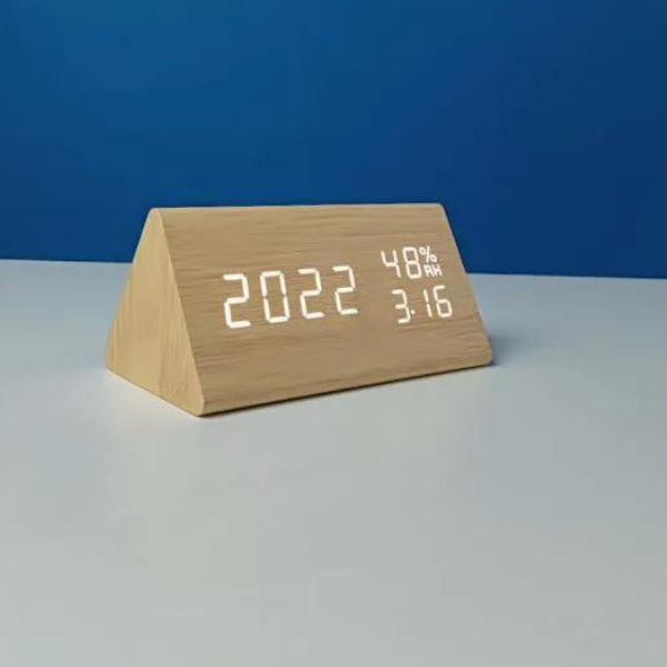 Triangle Wooden Style Digital LED Clock – Light Wood Color