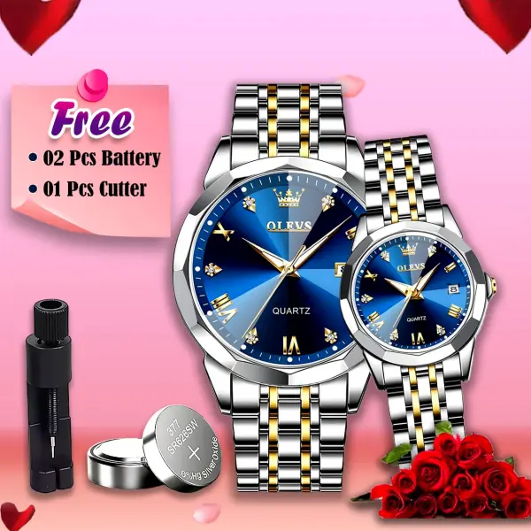 Olevs Stainless Steel fashionable Couple watches (Navy Blue)