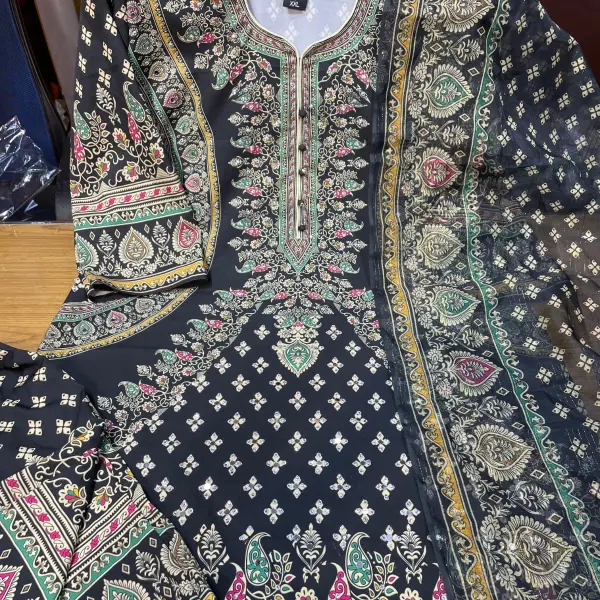 Ready Three Piece micro stitched  with glass  work