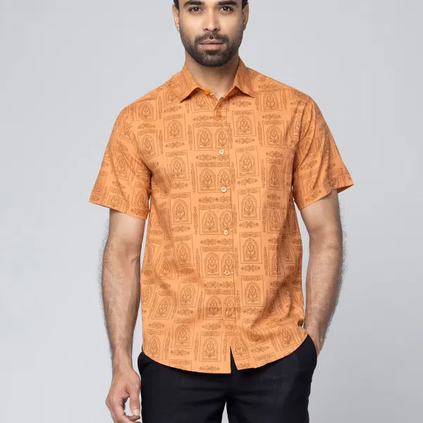 Pale Orange Printed Cotton Shirt