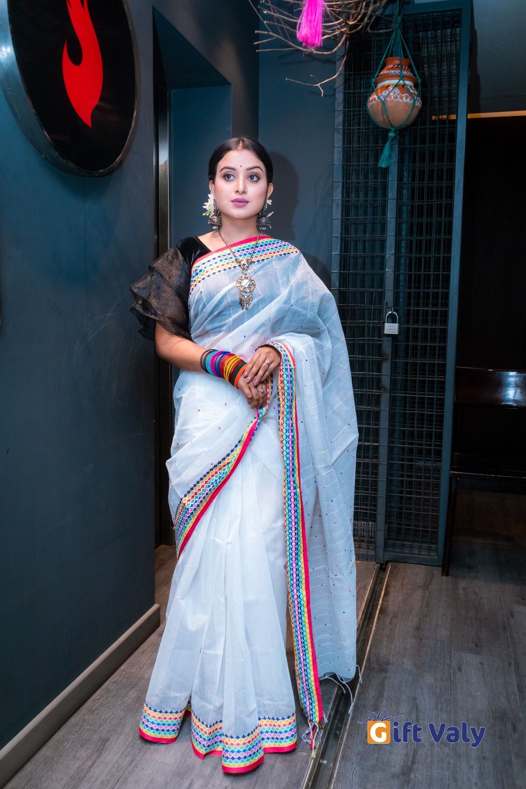 Probasi White Khesh Saree